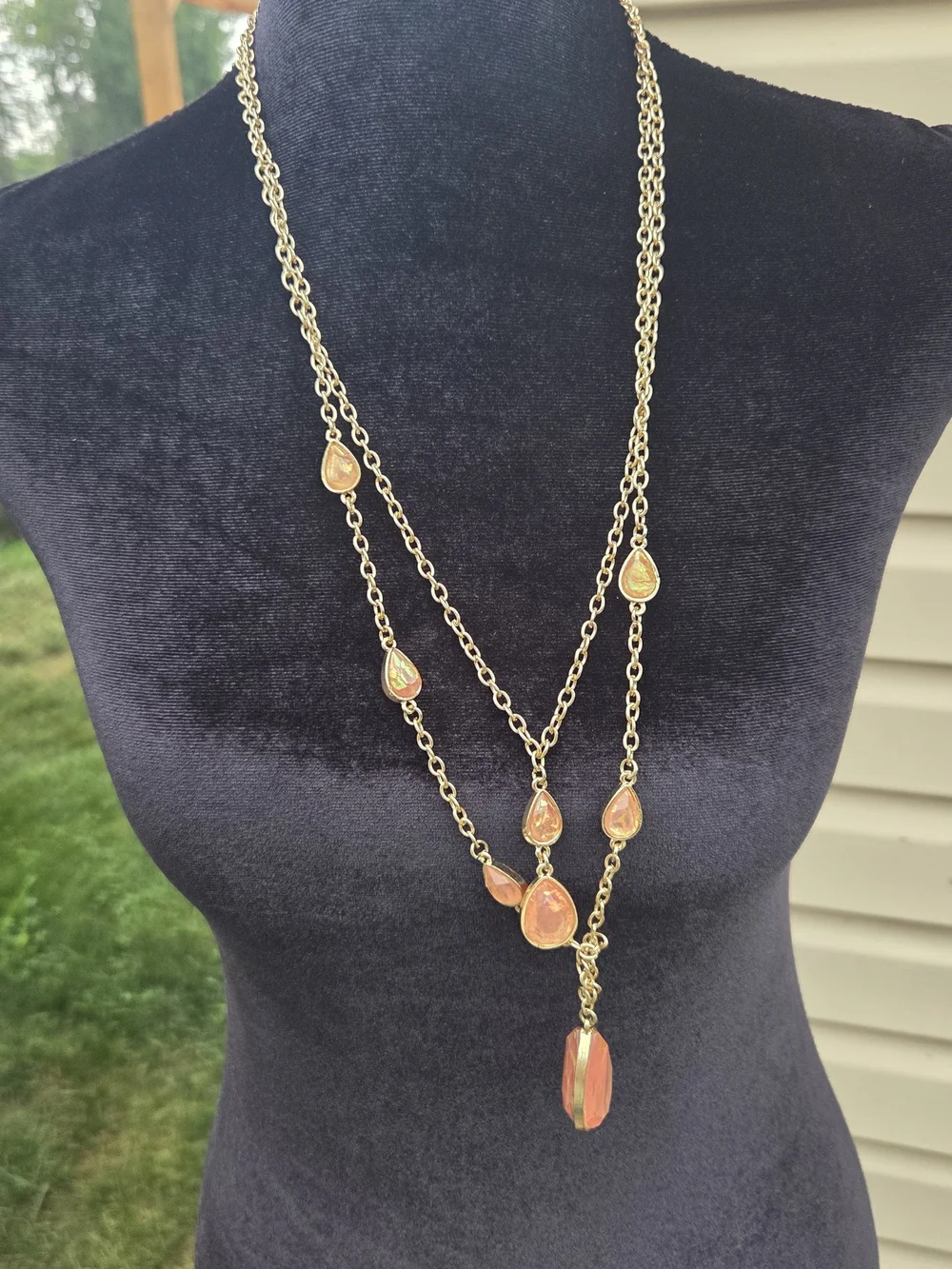 Gold-Tone Layered Necklace with Coral Teardrop Stones